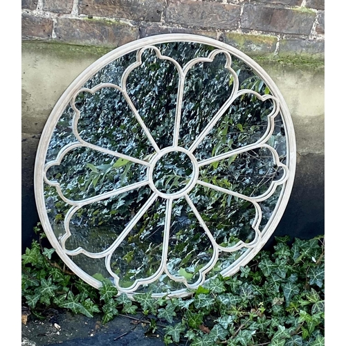 386 - ARCHITECTURAL GARDEN MIRRORS, pair, 80cm diameter, Regency style wall. (2)