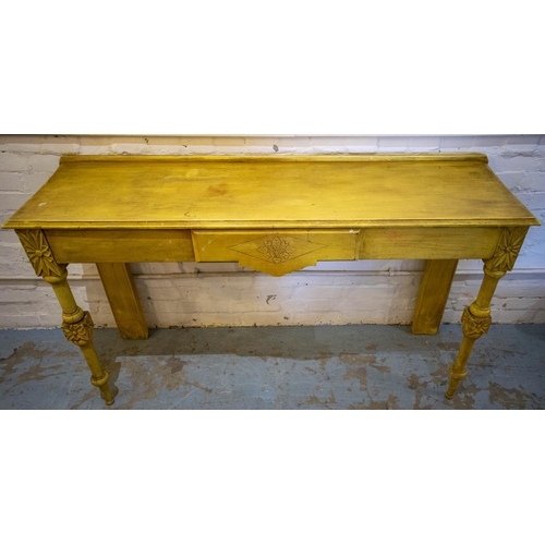 403 - HALL TABLE, 86cm H x 149cm W x 42cm D, part Victorian and later yellow painted with single drawer.