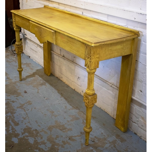 403 - HALL TABLE, 86cm H x 149cm W x 42cm D, part Victorian and later yellow painted with single drawer.