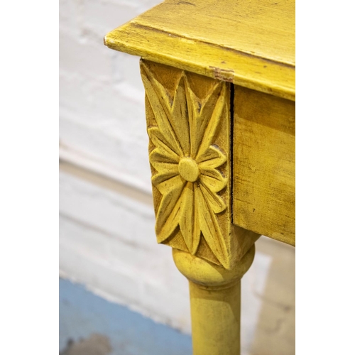 403 - HALL TABLE, 86cm H x 149cm W x 42cm D, part Victorian and later yellow painted with single drawer.