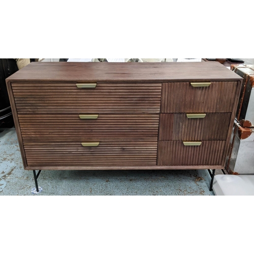 408 - SIDEBOARD, contemporary design, six drawers, 140cm x 45cm x 89cm H, on metal legs.