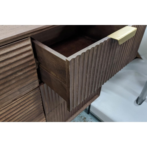 408 - SIDEBOARD, contemporary design, six drawers, 140cm x 45cm x 89cm H, on metal legs.