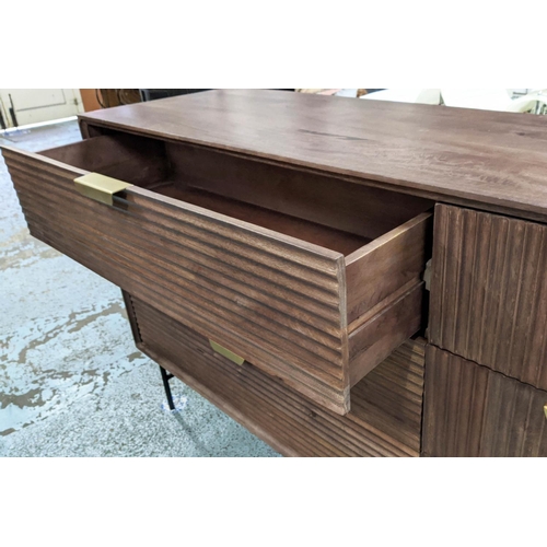 408 - SIDEBOARD, contemporary design, six drawers, 140cm x 45cm x 89cm H, on metal legs.