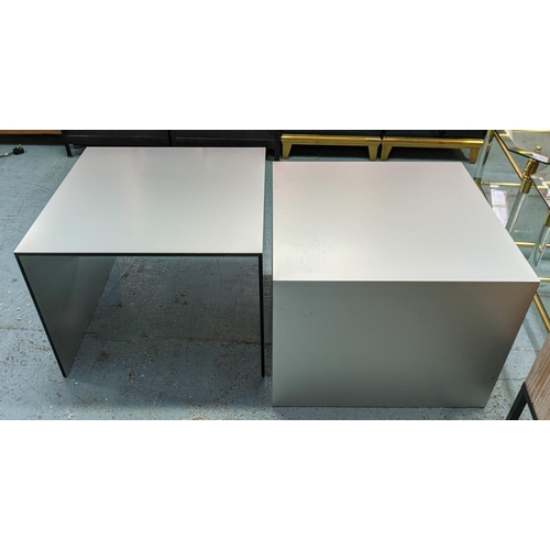 410 - SIDE TABLES, a pair, in a metallic style finish, each 60cm x 60cm x 46cm H. (2)