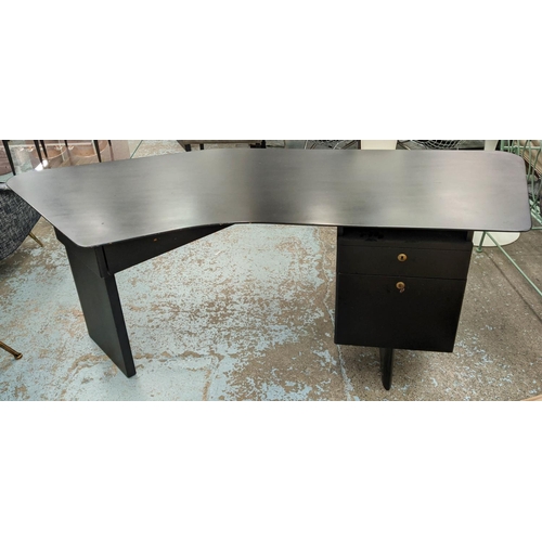 412 - DESK, 208cm x 86cm x 78cm, angular top design, with four compartments, ebonised finish.