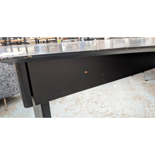 412 - DESK, 208cm x 86cm x 78cm, angular top design, with four compartments, ebonised finish.