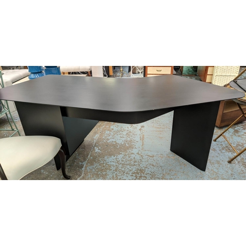 412 - DESK, 208cm x 86cm x 78cm, angular top design, with four compartments, ebonised finish.