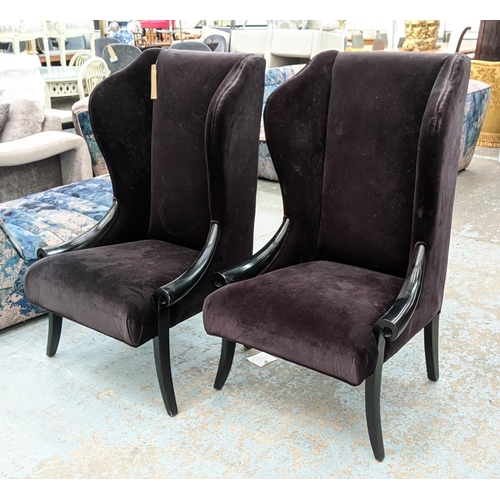 417 - ARMCHAIRS, a pair, contemporary, black lacquered, velvet upholstered, 75cm x 70cm x 233cm. (2)