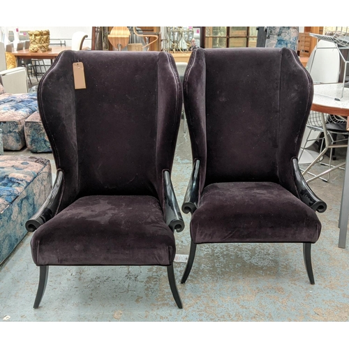 417 - ARMCHAIRS, a pair, contemporary, black lacquered, velvet upholstered, 75cm x 70cm x 233cm. (2)