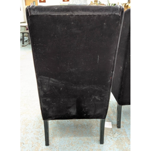 417 - ARMCHAIRS, a pair, contemporary, black lacquered, velvet upholstered, 75cm x 70cm x 233cm. (2)