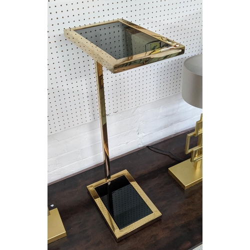 421 - MARTINI TABLE, gilt metal, two smoked glass tiers, 31cm x 20cm x 72cm.