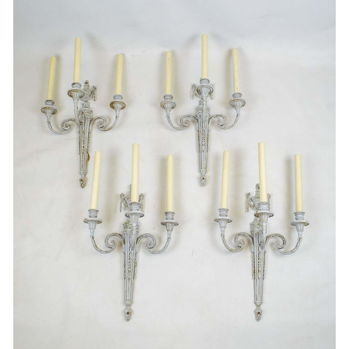 8 - WALL LIGHTS, a set of four, Neo-classical style brass in grey painted finish, 51cm H. (4)