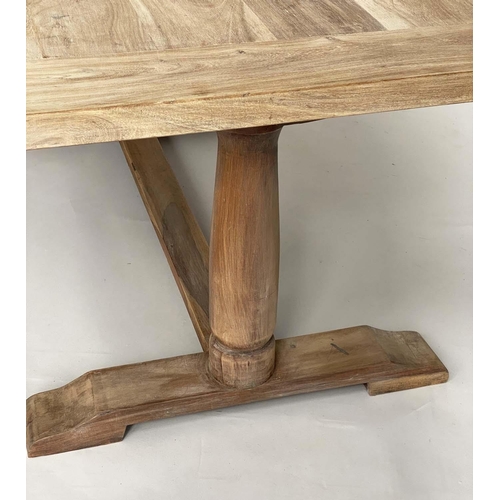 241 - FARMHOUSE TABLE, French style rectangular teak planked and cleated with twin turned pillar supports,... 