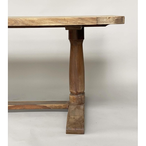 241 - FARMHOUSE TABLE, French style rectangular teak planked and cleated with twin turned pillar supports,... 