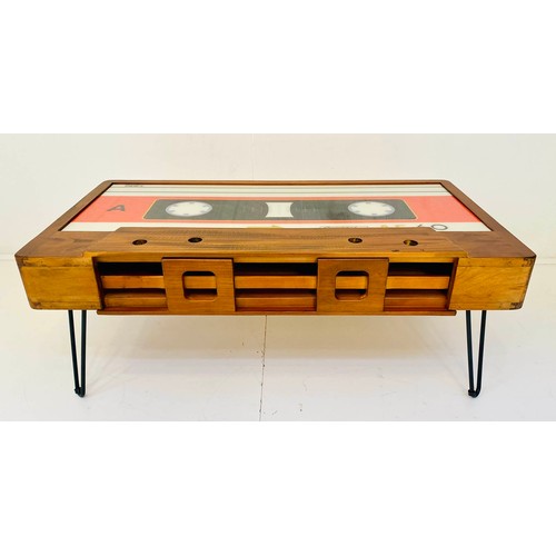 399 - CASSETTE COCKTAIL TABLE, 1970s style design, polychrome panel detail, storage to front, 40cm x 60cm ... 