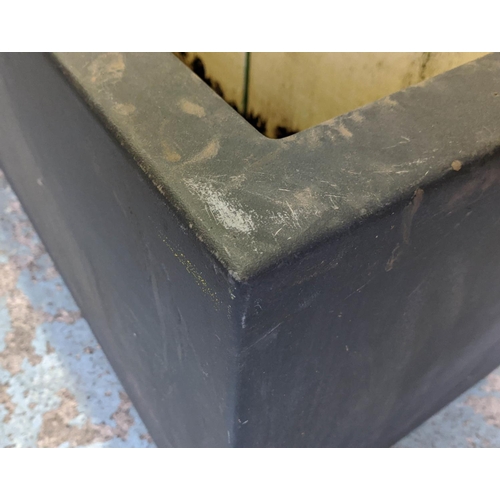 418 - TROUGH PLANTERS, a set of two, 200cm x 50cm x 61cm at largest, black fibre  glass. (2)