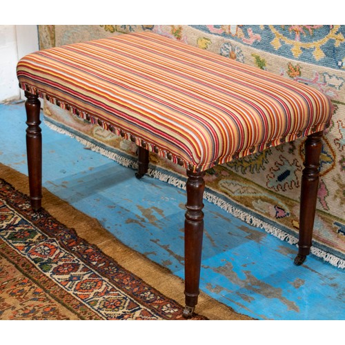 227 - STOOL, 54cm H x 84cm W x 52cm D, mahogany with striped upholstery on castors.