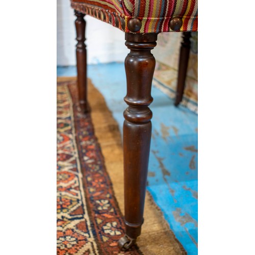 227 - STOOL, 54cm H x 84cm W x 52cm D, mahogany with striped upholstery on castors.