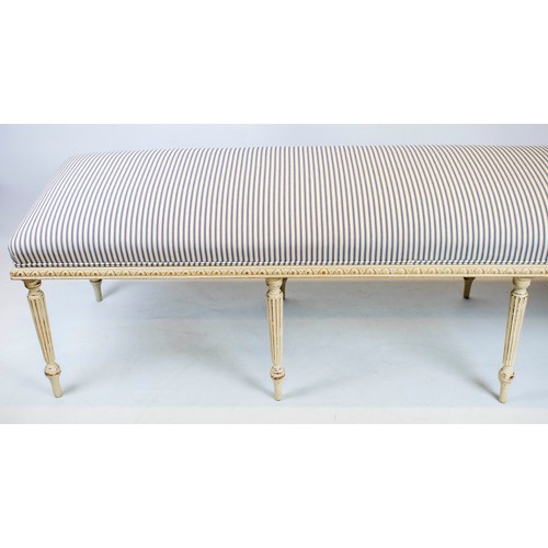 252 - LONG STOOL, 50cm H x 180cm W x 54cm D, white painted with ticking seat.