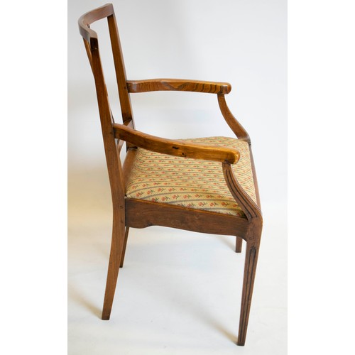 257 - ARMCHAIR, 89cm H x 62cm W, 18th century elm with striped drop in seat.