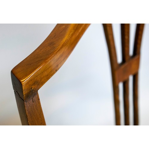 257 - ARMCHAIR, 89cm H x 62cm W, 18th century elm with striped drop in seat.