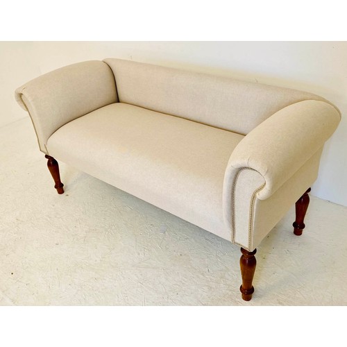 398 - SOFA, 135cm wide, French provincial style, neutral linen upholstered.