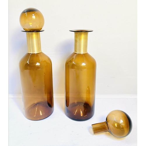 428 - DECANTERS, a pair, Murano style glass, gilt metal collars, 52cm x 16cm. (2)