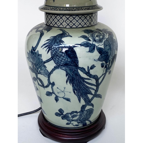 177 - TABLE LAMPS, a pair, Chinese blue and white ceramic of ginger jar form depicting birds of paradise, ... 