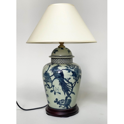 177 - TABLE LAMPS, a pair, Chinese blue and white ceramic of ginger jar form depicting birds of paradise, ... 