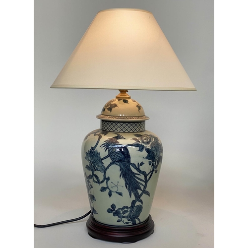 177 - TABLE LAMPS, a pair, Chinese blue and white ceramic of ginger jar form depicting birds of paradise, ... 