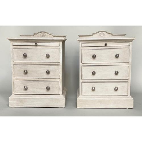 199 - BEDSIDE CHESTS, a pair, French grey painted each with slide and three drawers, 47cm x 38cm x 58cm H.... 