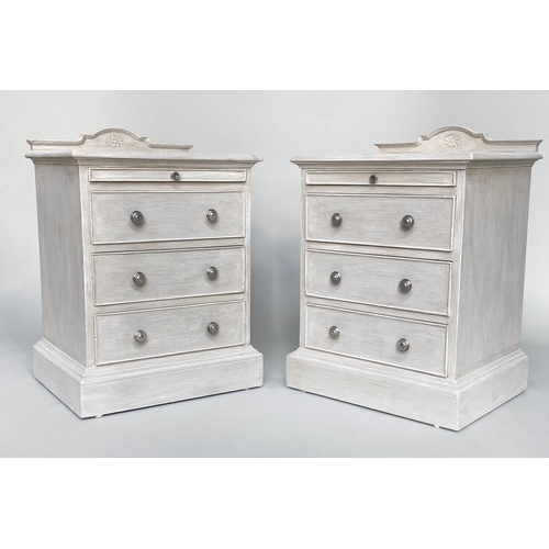 199 - BEDSIDE CHESTS, a pair, French grey painted each with slide and three drawers, 47cm x 38cm x 58cm H.... 