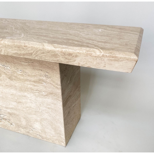 206 - TRAVERTINE CONSOLE, 1970's marble with angled rectangular top and plinth support, 147cm x 46cm x 72c... 