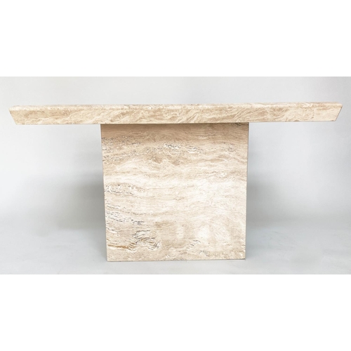 206 - TRAVERTINE CONSOLE, 1970's marble with angled rectangular top and plinth support, 147cm x 46cm x 72c... 