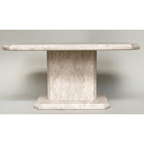 209 - LOW TABLE, 1970's Italian travertine marble rectangular canted with plinth support, 100cm x 60cm x 5... 