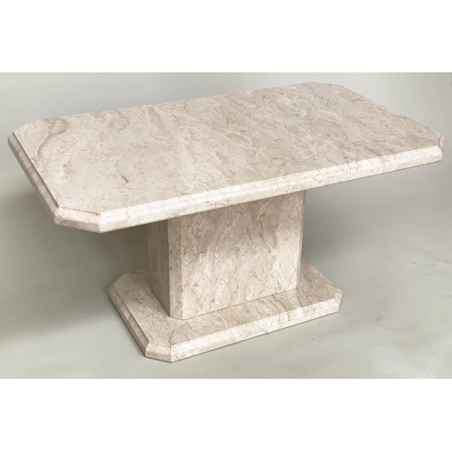 209 - LOW TABLE, 1970's Italian travertine marble rectangular canted with plinth support, 100cm x 60cm x 5... 