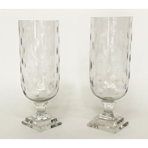 210 - STORM LANTERNS, a pair, engraved cut glass of cylindrical form with facetted and stepped support, 40... 