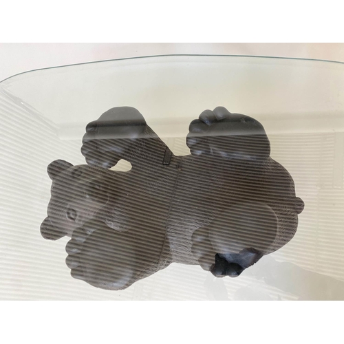 291 - BROWN BEAR LOW TABLE, oval bevelled glass on resin moulded base, 107cm x 66cm x 42cm H.