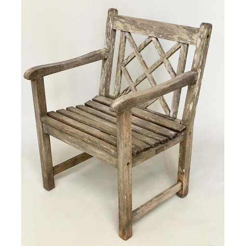 292 - GARDEN ARMCHAIRS BY ALEXANDER ROSE, a pair, weathered teak each slatted with lattice back, 48cm W. (... 