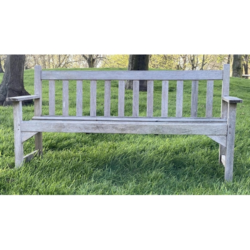 294 - GARDEN BENCH, weathered teak English country house style with slatted back, 157cm W.