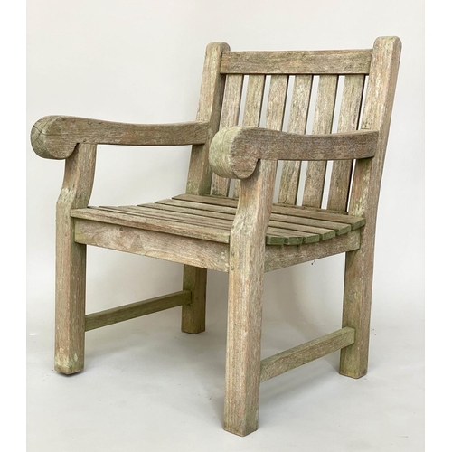 295 - GARDEN ARMCHAIRS, a pair, weathered teak and slatted with flat top arms, 68cm W. (2)