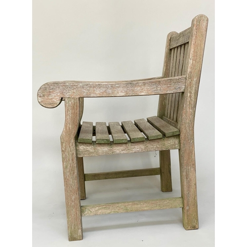 295 - GARDEN ARMCHAIRS, a pair, weathered teak and slatted with flat top arms, 68cm W. (2)