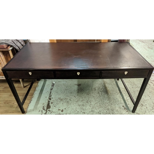 346 - DESK, 159cm x 80cm x 75cm, dark wood, leathered top, three drawers.