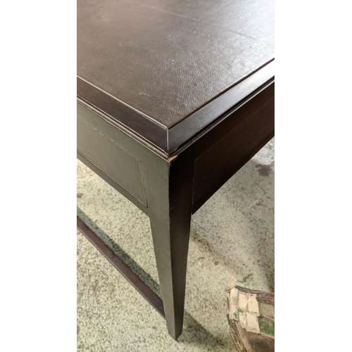 346 - DESK, 159cm x 80cm x 75cm, dark wood, leathered top, three drawers.