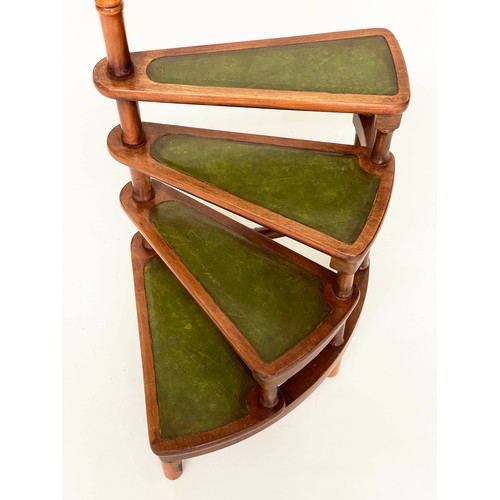 198 - SPIRAL STEPS, Georgian design walnut with four spiral leather trimmed steps with pole, 116cm H x 40c... 