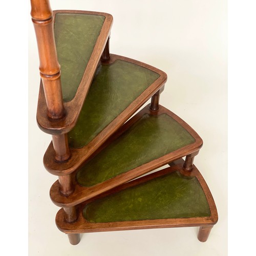 198 - SPIRAL STEPS, Georgian design walnut with four spiral leather trimmed steps with pole, 116cm H x 40c... 