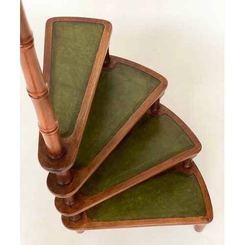 198 - SPIRAL STEPS, Georgian design walnut with four spiral leather trimmed steps with pole, 116cm H x 40c... 