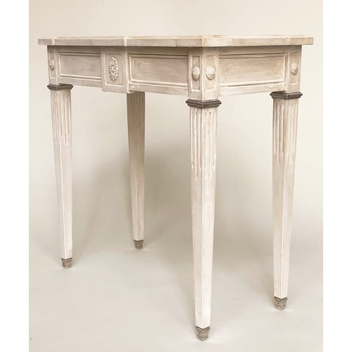 211 - CONSOLE TABLE, French Louis XVI style grey painted rectangular with rosettes and silver metal mounts... 