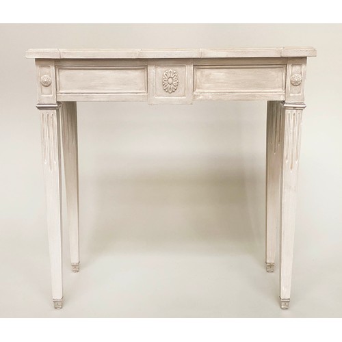 211 - CONSOLE TABLE, French Louis XVI style grey painted rectangular with rosettes and silver metal mounts... 