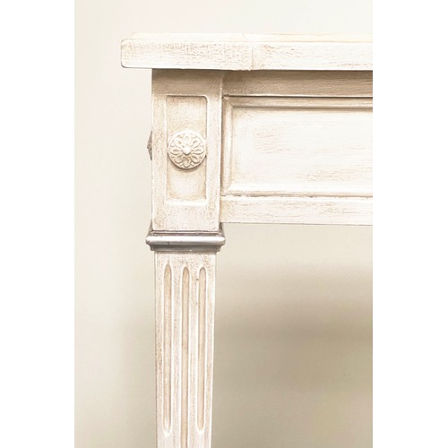 211 - CONSOLE TABLE, French Louis XVI style grey painted rectangular with rosettes and silver metal mounts... 